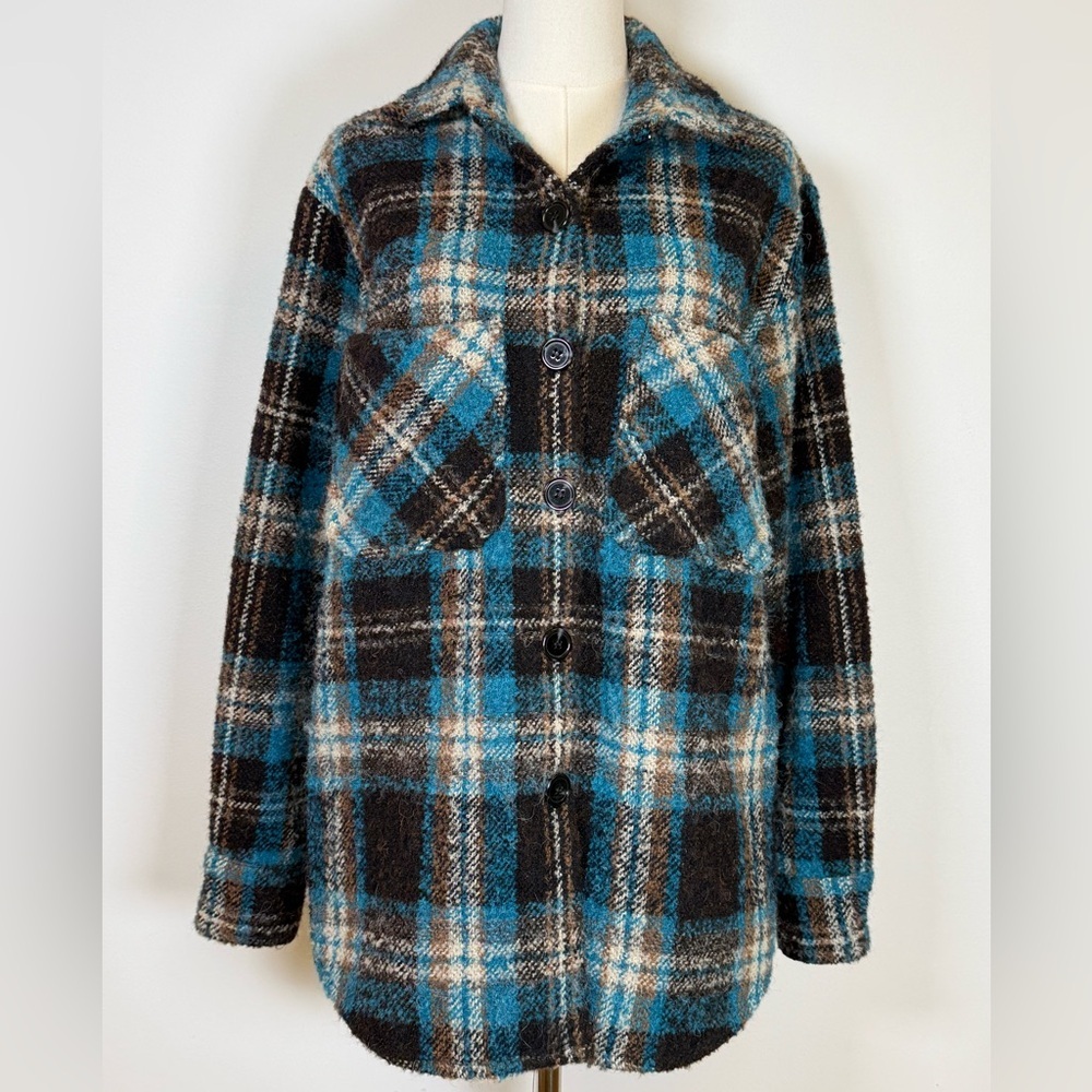 Karen Kane | Chunky Brown Blue Plaid Boucle Shirt Jacket Women’s Size Small